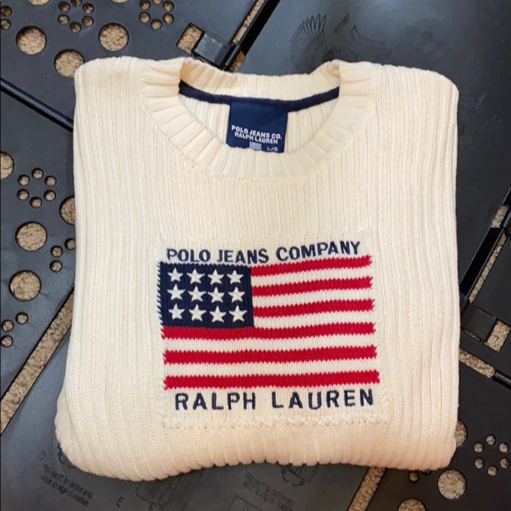 Polo Ralph LAUREN Vintage cream USA FLAG Crew sweater large.